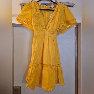 Estellina Boutique Yellow Pointelle Trim Midi Dress Large